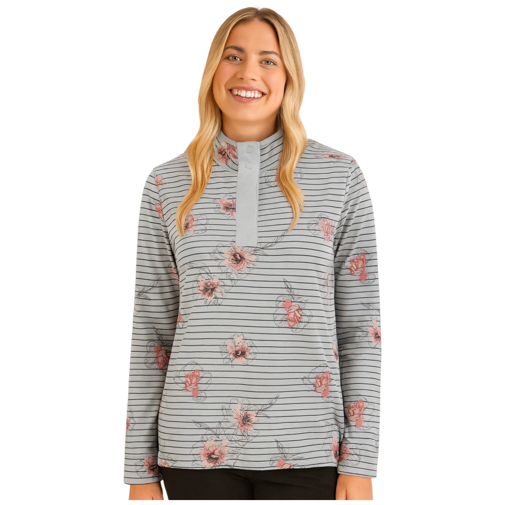 Women's grey long sleeve pullover with black stripes, floral print, and button-up stand collar.